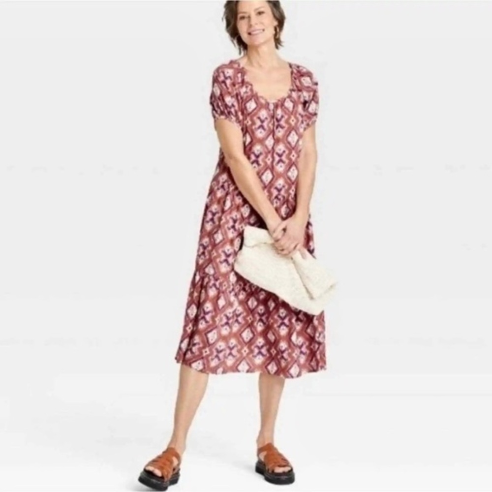 CLEARANCE NWT Knox Rose Cognac Brown Batik Print Maxi Boho Ruffle Dress Medium